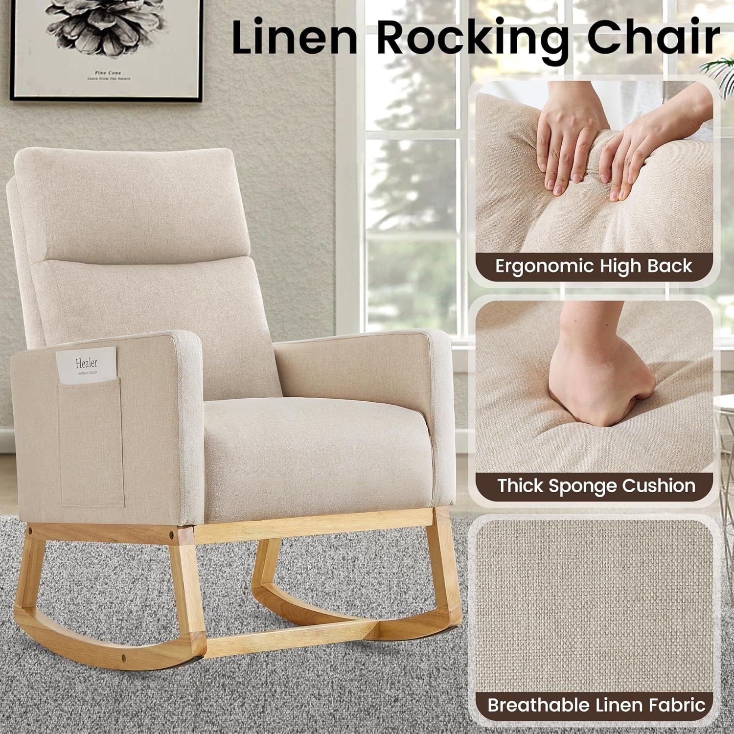 High Back Nursing Rocking Chair with Side Pockets & Durable Wood Base
