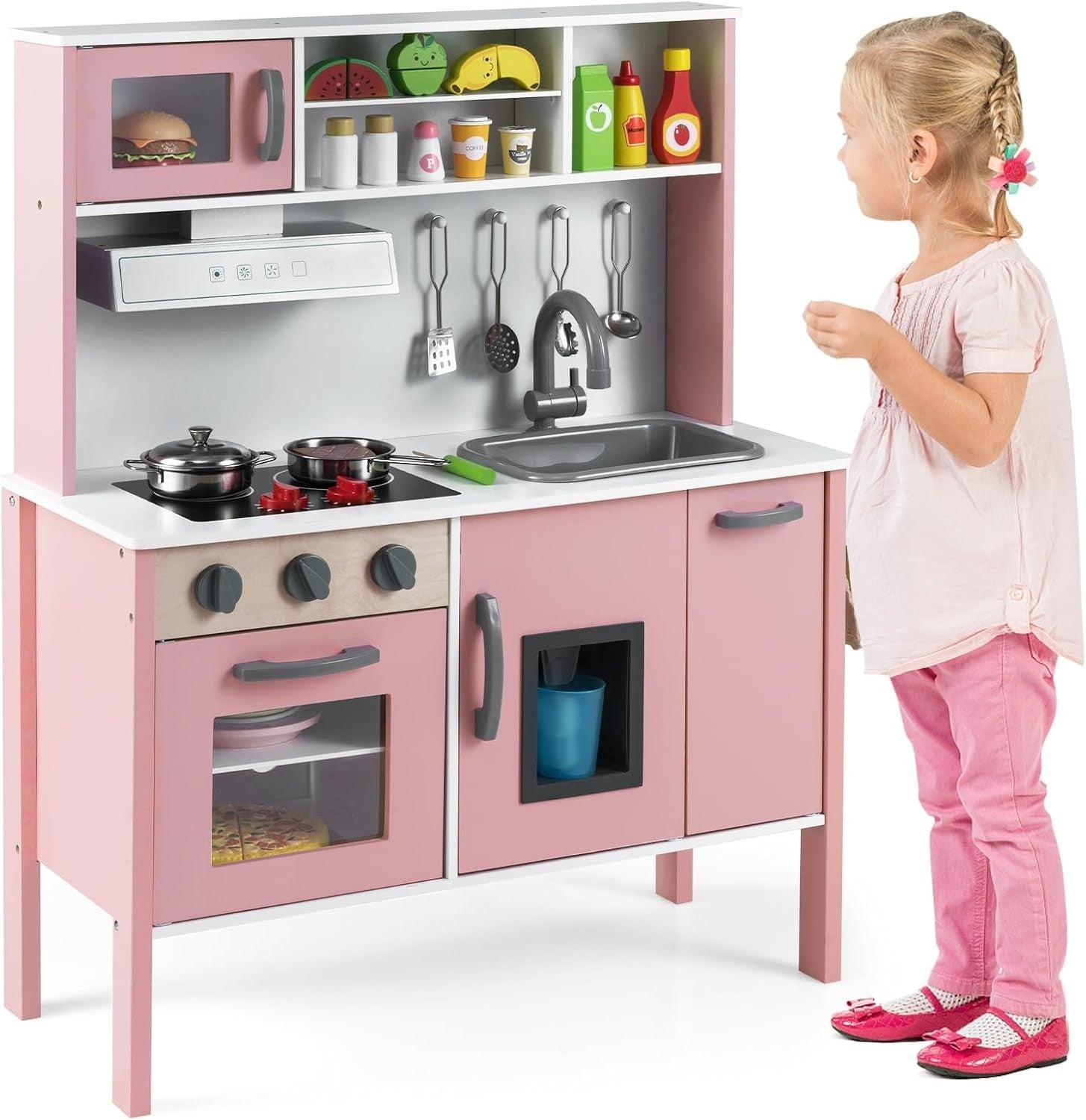 Wooden Kids Play Kitchen Pink Ice Maker Cooking Toy Accessories