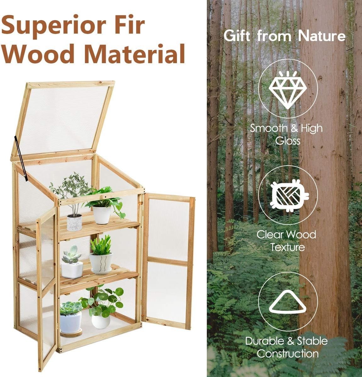 Mini Wooden Greenhouse 3-Tier Cold Frame with Doors & Skylight 60x45x100cm