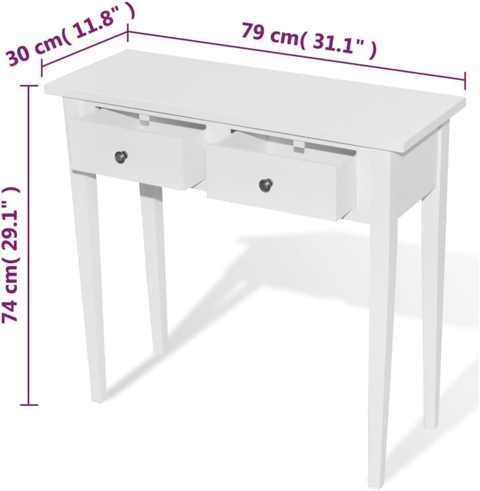 Compact White Console Table with Two Drawers, Durable MDF & Pine Wood