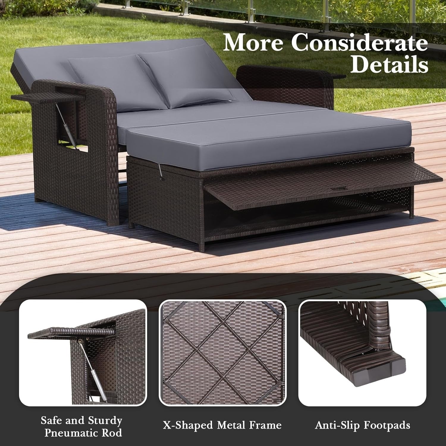 Grey+Brown 2-Seater Rattan Outdoor Daybed with Adjustable Back, Ottoman & Cushio