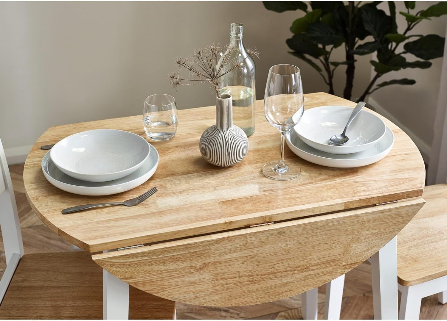 Round Drop Leaf Wooden Dining Table Space Saving Natural Finish