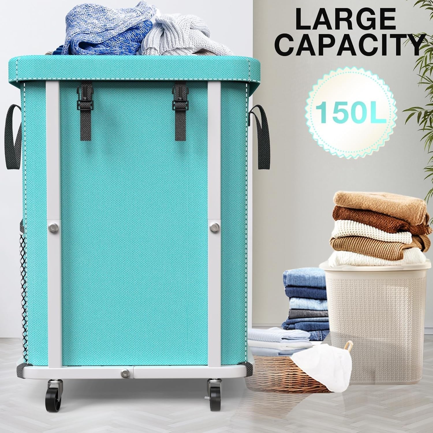 150L Large Blue Rolling Laundry Hamper Heavy Duty Laundry Basket with Wheels