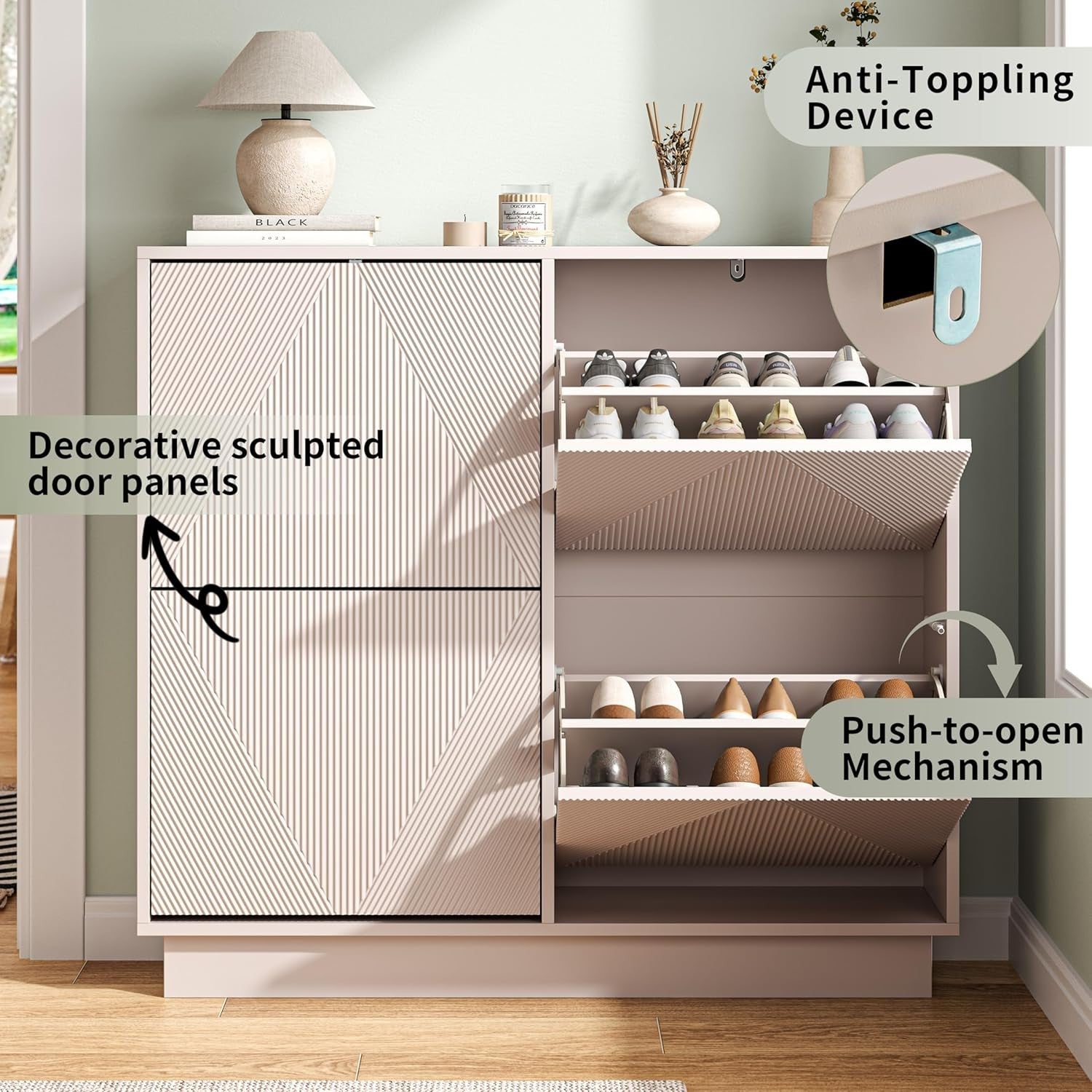 Cashmere Shoe Cabinet 4 Flip Drawers | Slim, Anti-Tip, 99cm Wide Storage