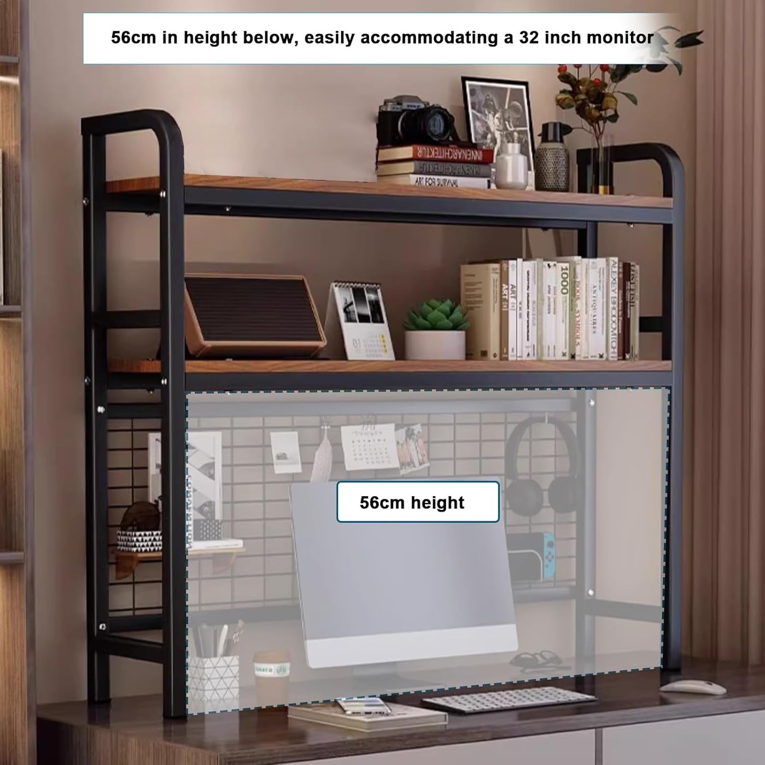 2-Tier Desktop Bookshelf Hutch Metal/Wood Storage Rack Heavy Duty 135cm Black