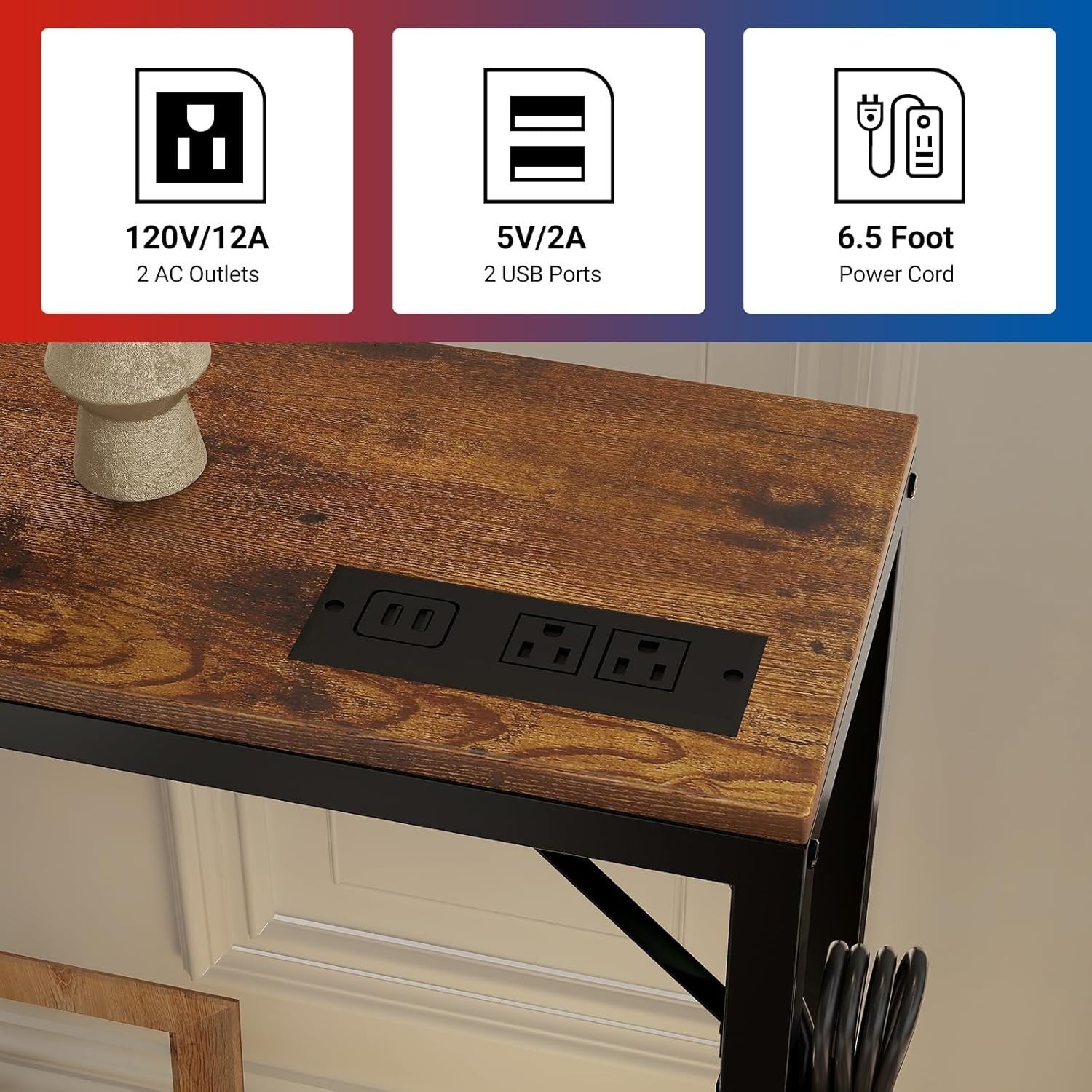 Narrow Console Table with Charging Station & USB Ports, 23x100x80cm, Brown