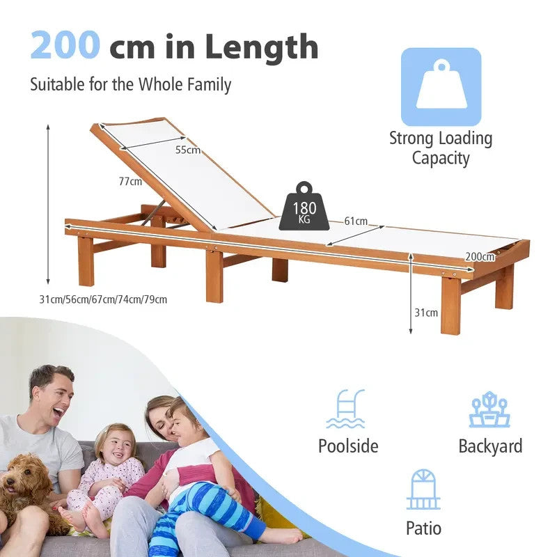 5-Position Reclining Outdoor Chaise Lounge, Adjustable Eucalyptus Sunbed