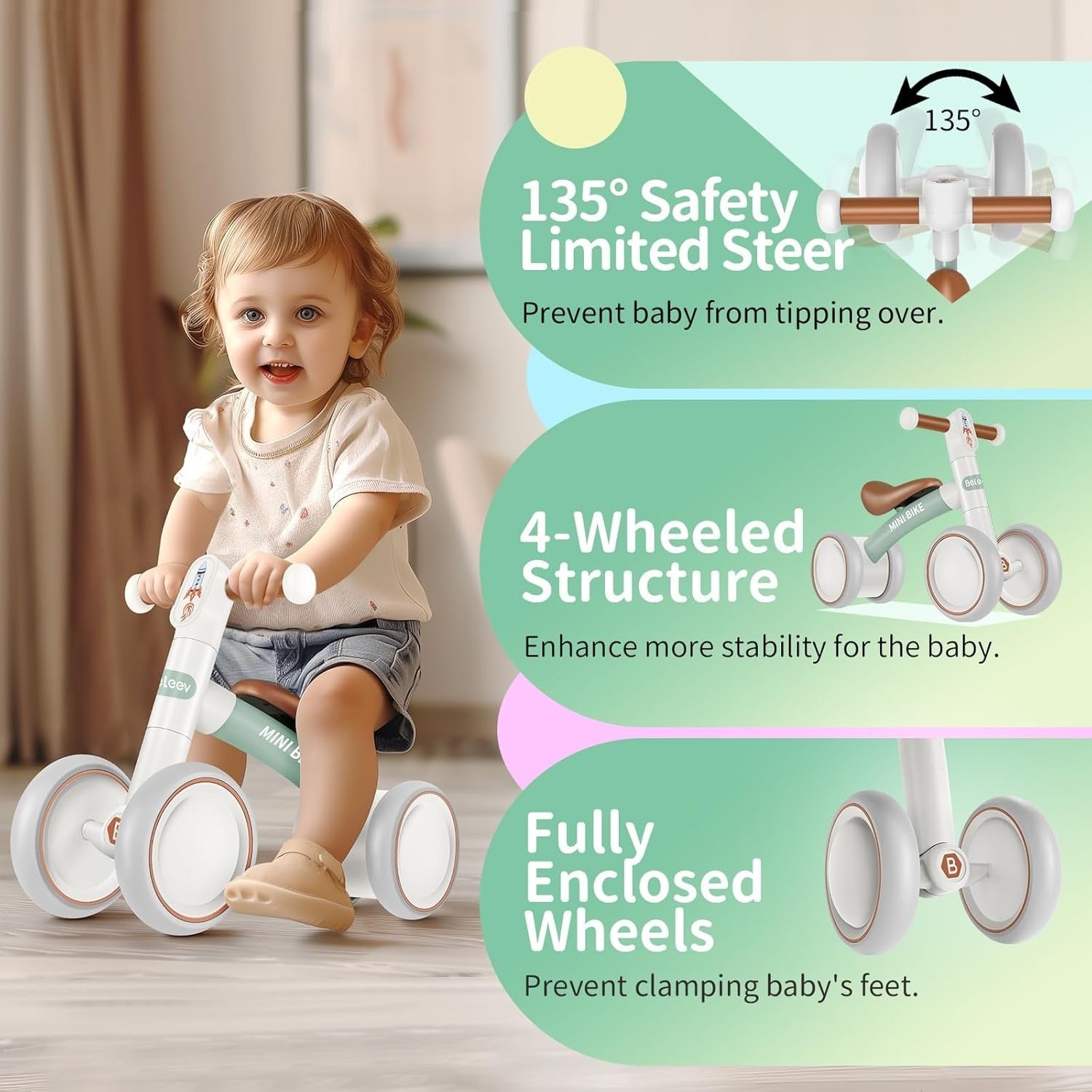 Toddler Balance Bike 4 Wheel Baby Walker Ride On Toy 10-24 Months Green