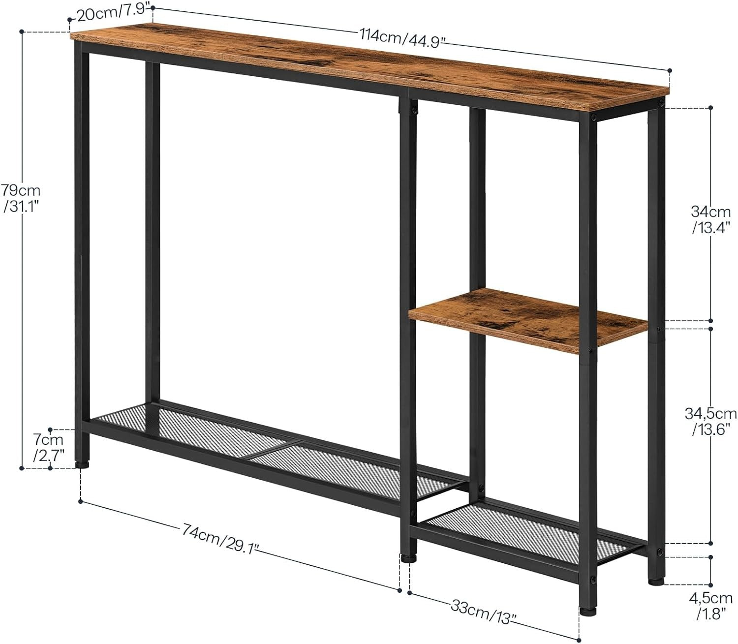 Slim Console Table with Shelves | 114cm Rustic Hallway Storage Unit
