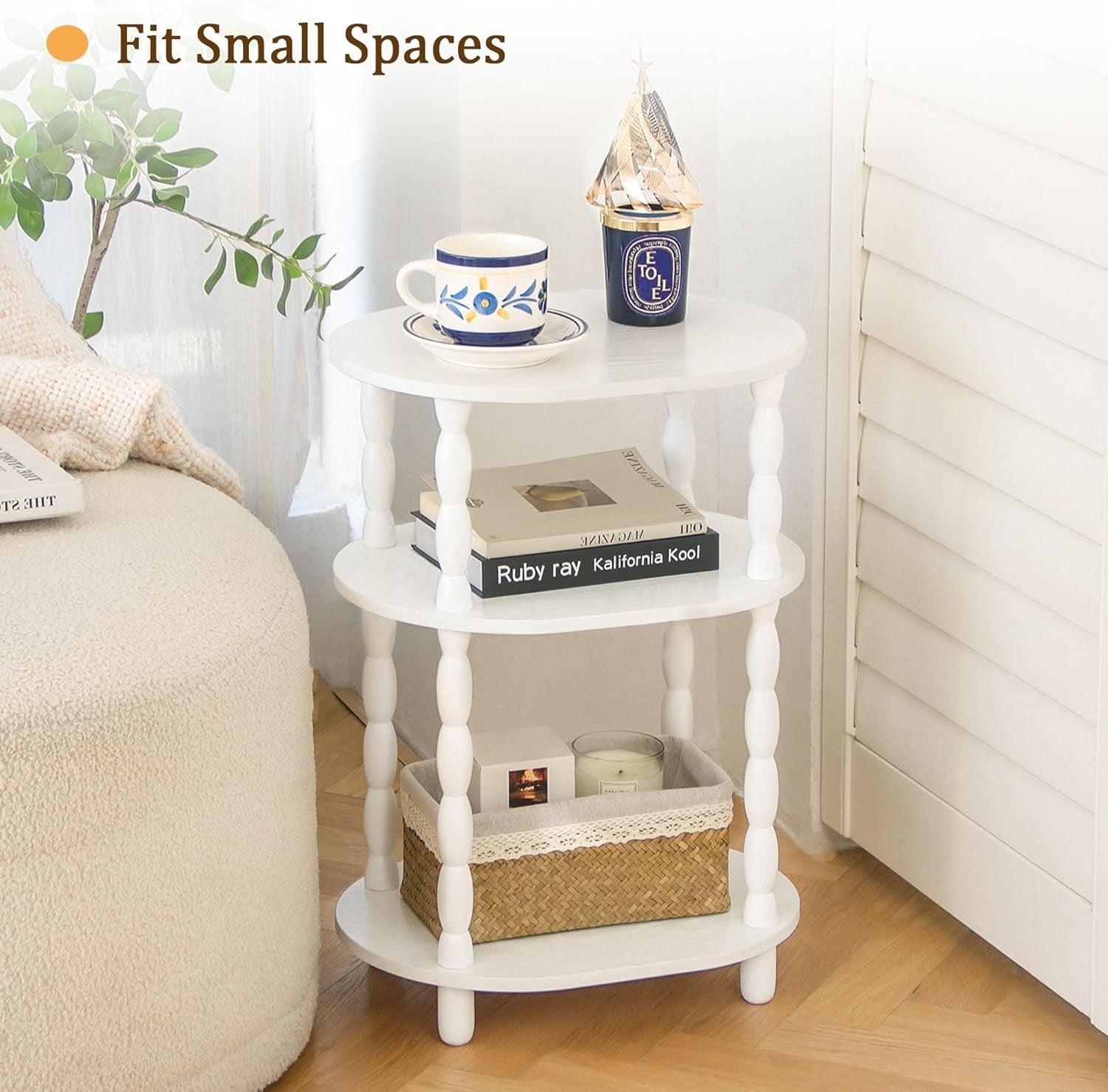 3-Tier Oval Side Table White, Compact Modern End Table with Storage Shelves