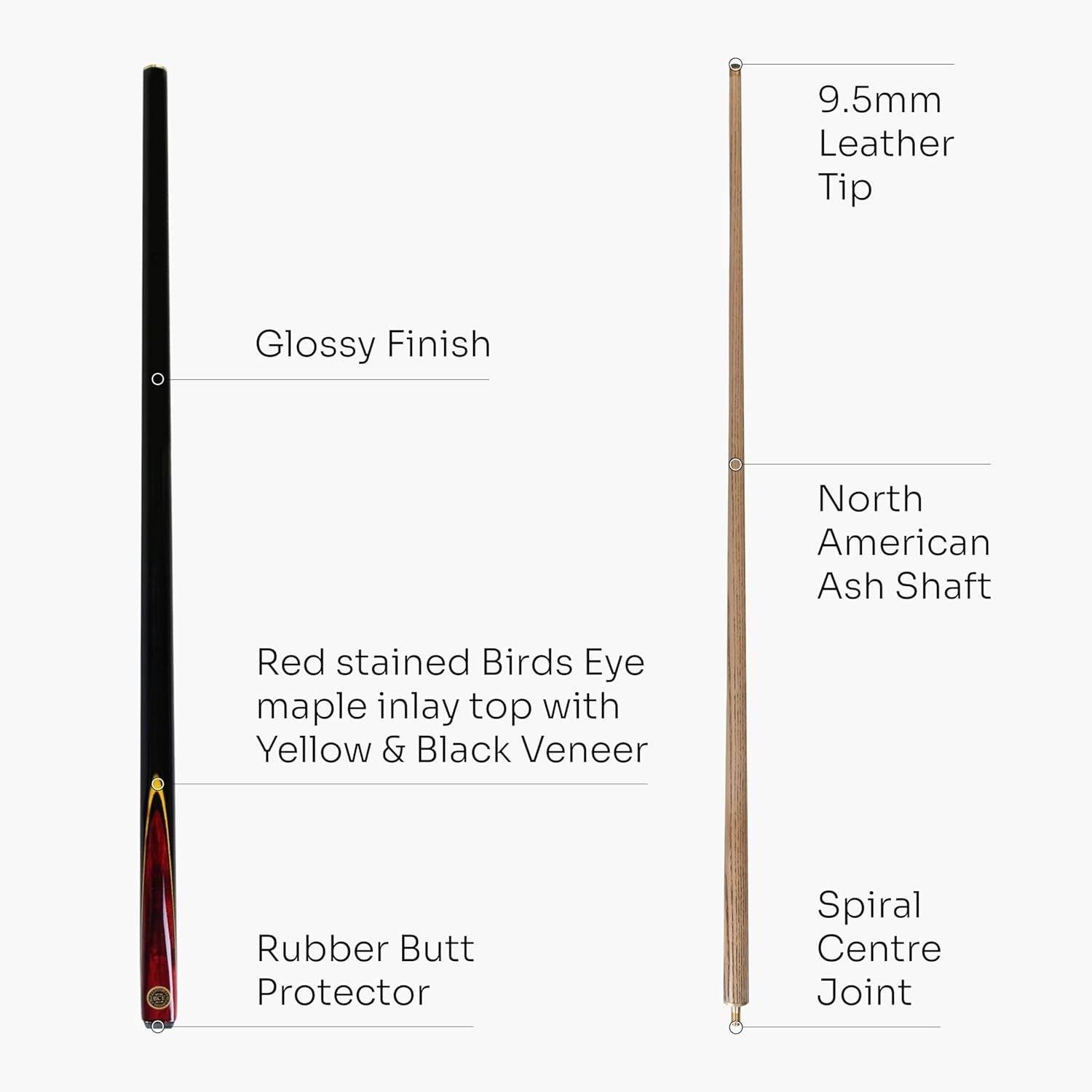 57in Snooker Pool Cue 2 Piece Centre Joint 9.5mm Tip Case