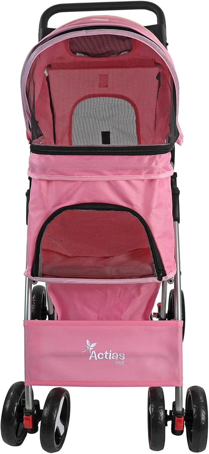 Pet Travel Stroller Dog Cat Pushchair Foldable Swivel Wheels 15kg Pink