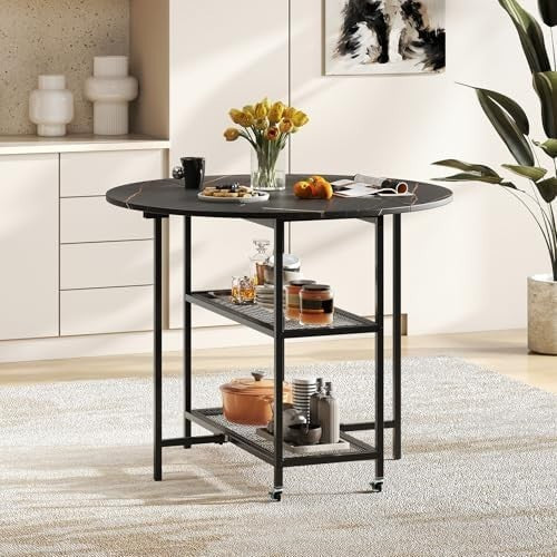Folding Round Dining Table with Locking Wheels & 2-Tier Shelves Black