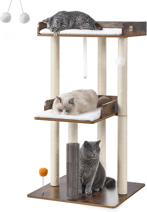 Large Wooden Cat Tree Rustic Brown Tower 3 Level Perch Scratching Post