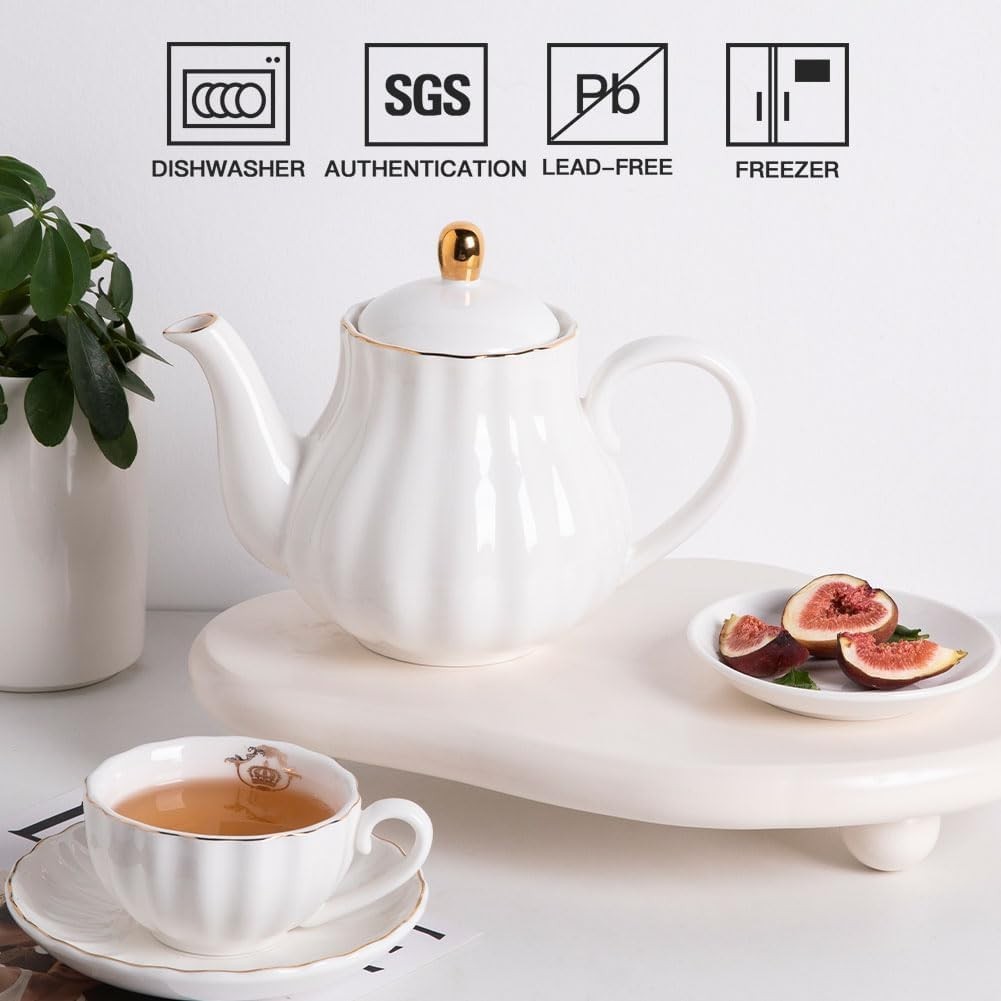Ceramic Teapot 1100ml White Tea Pot w/ Stainless Infuser 5-6 Cups