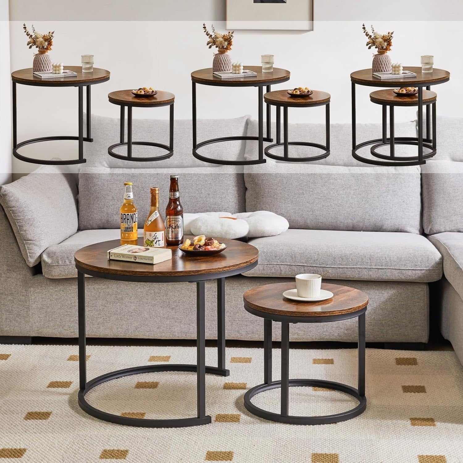 Round Nesting Coffee Tables Set of 2 | Rustic Wood & Metal Side Table for Living