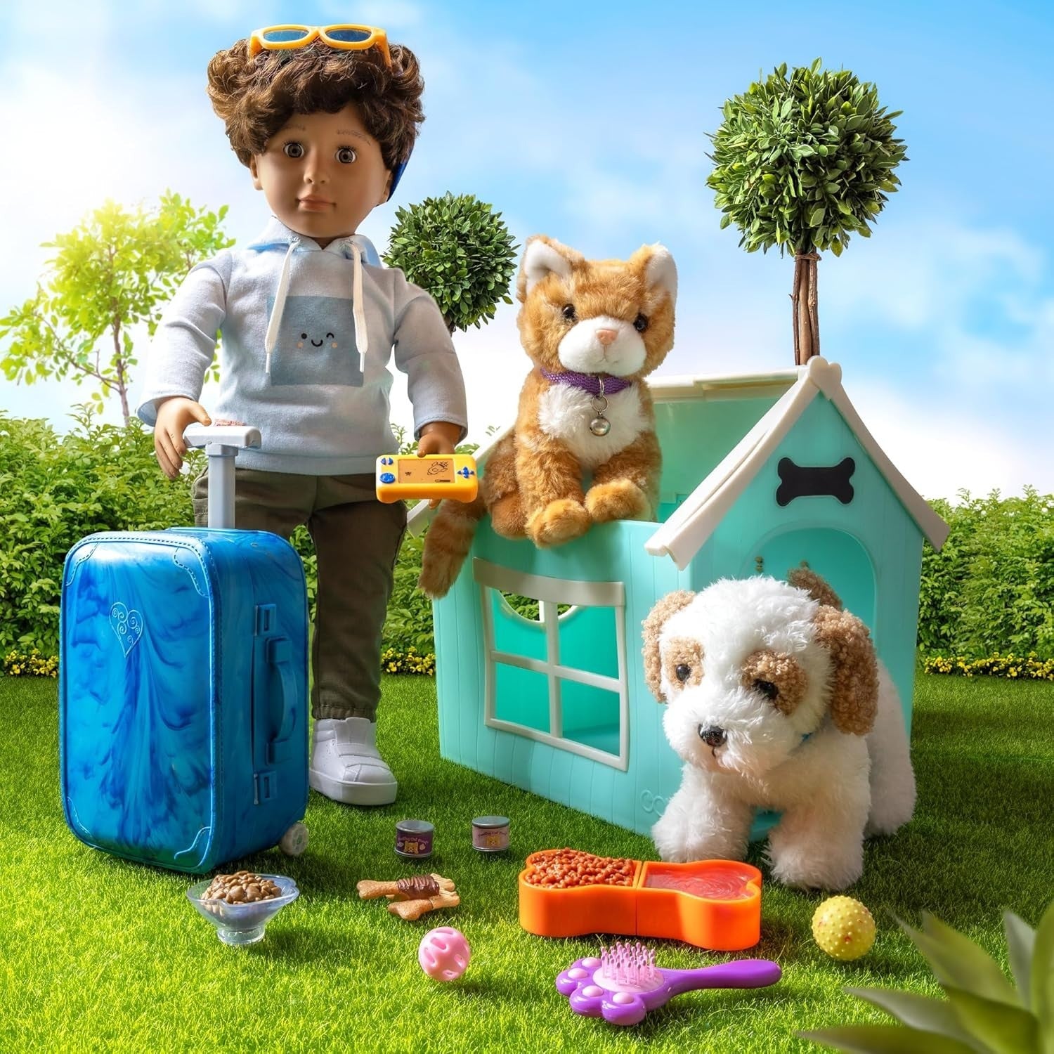 18-Inch Boy Doll Hazel Eyes Curly Hair Rolling Luggage Travel Set