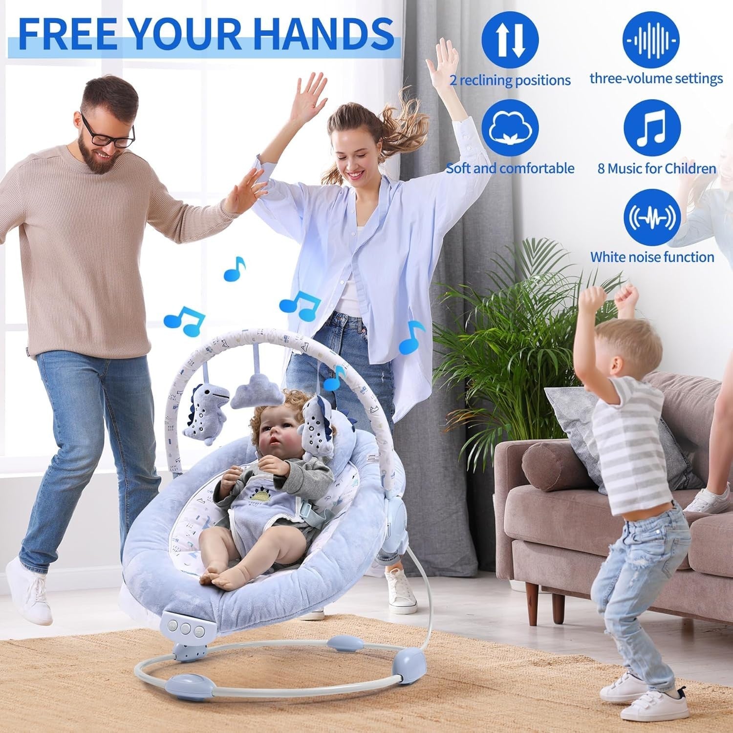 Baby Bouncer with Music Vibrations Toy Bar Soothing Seat Newborn Cradle Blue