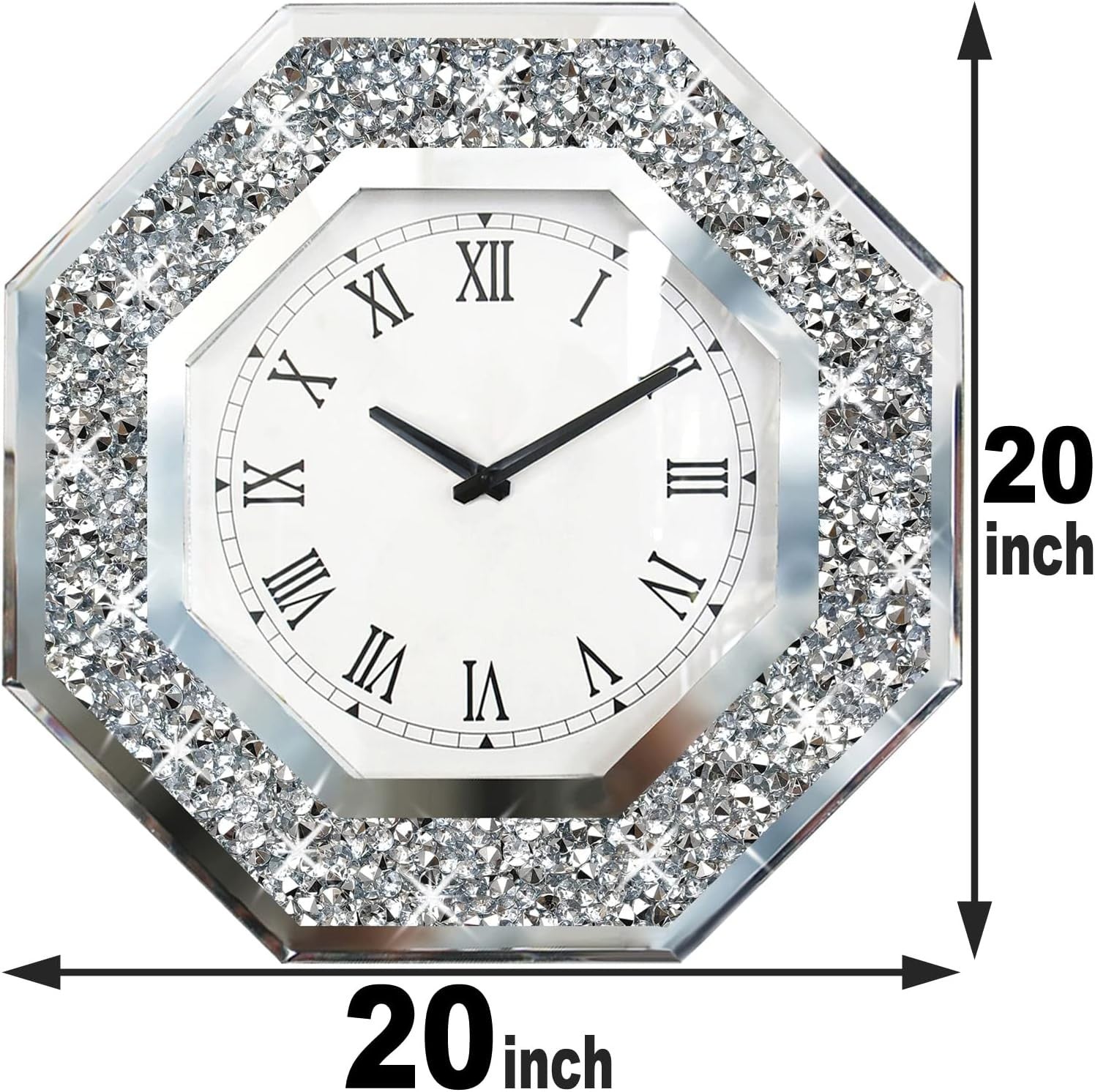 Large Octagon Mirror Wall Clock Diamond Frame Silent Non-Ticking 20 Inch