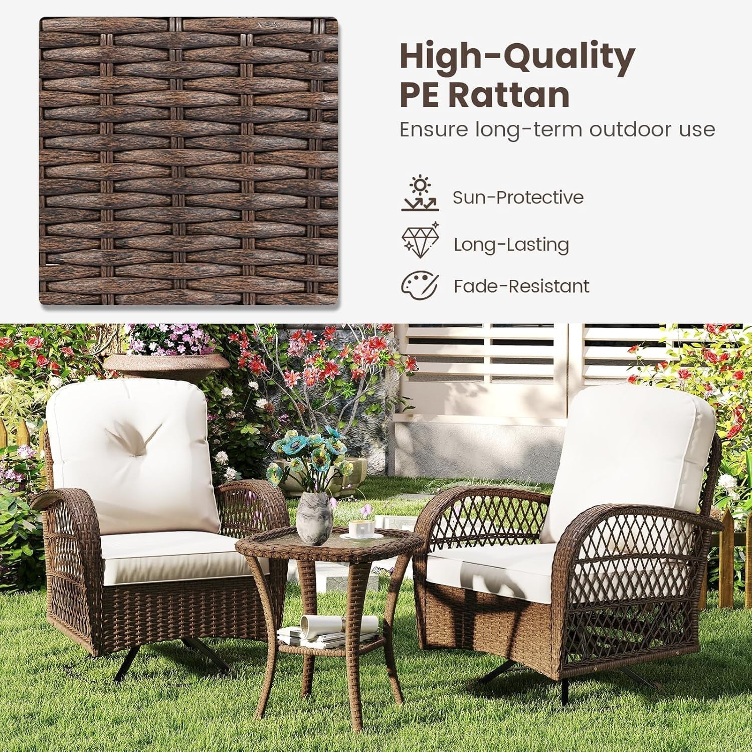 360° Swivel Rattan Bistro Chairs Set Plush Cushions Side Table Garden