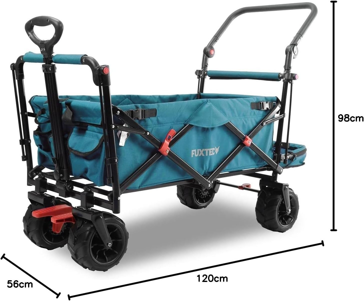 Blue Beach Wagon Foldable Cart w/ Roof Extra-Wide Wheels Push Handle & Brake