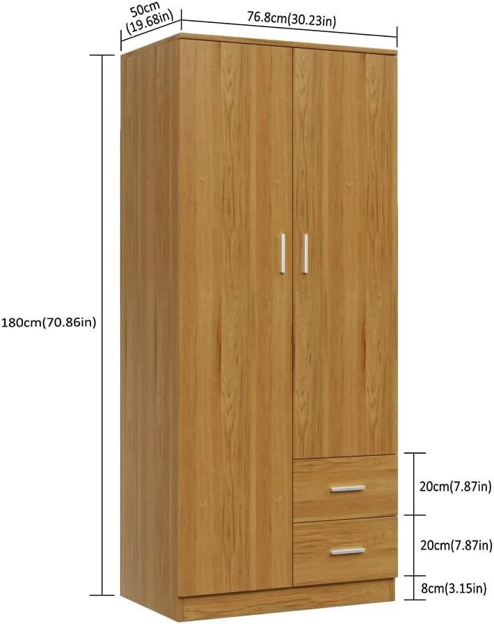 Wooden 2 Door Wardrobe with 2 Drawers Bedroom Storage Closet Unit