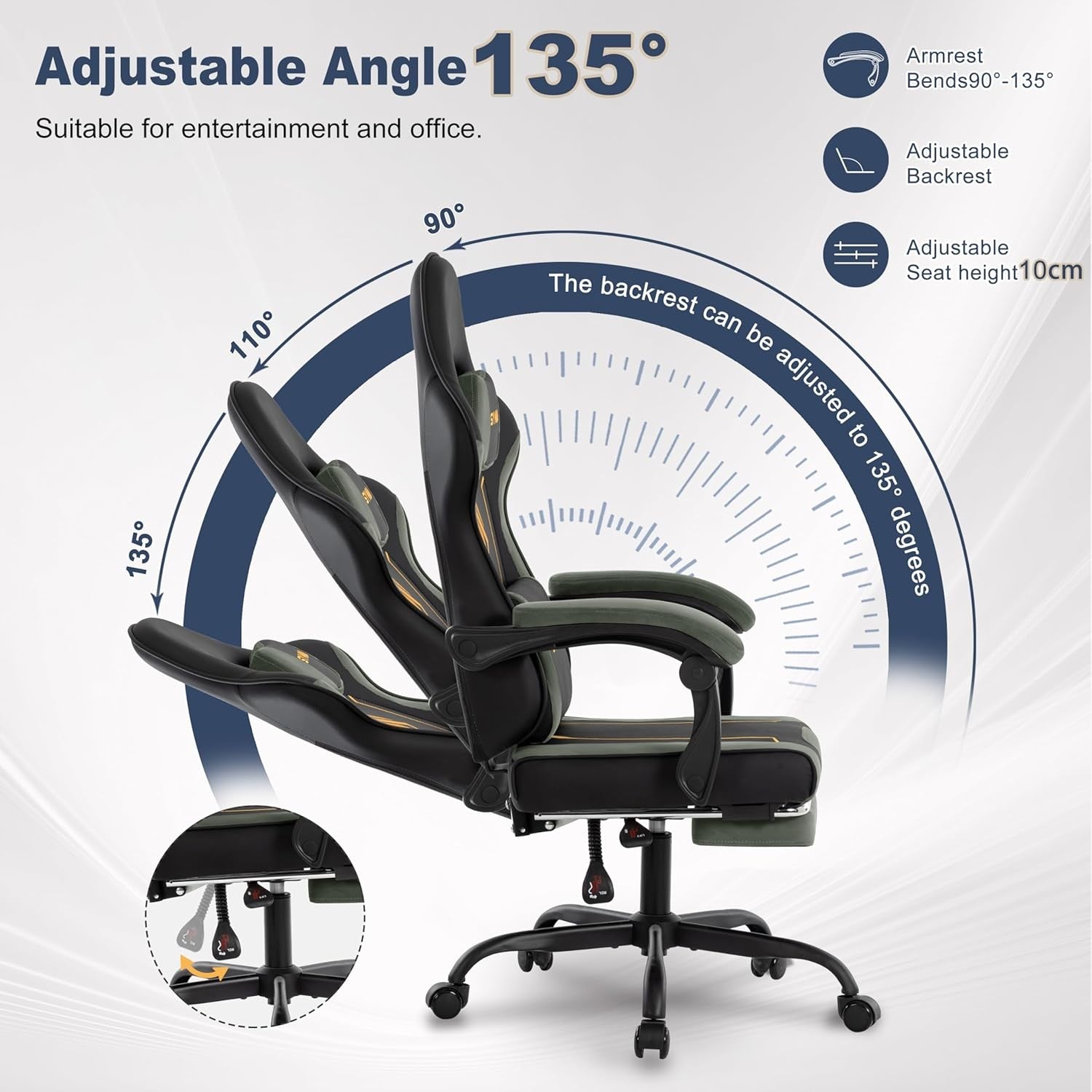 Ergonomic Gaming Chair Recliner w/ Footrest Lumbar Support PU Seat