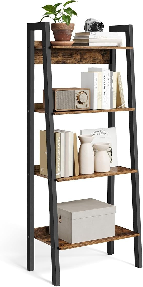 4-Tier Rustic Ladder Shelf Narrow Storage Unit Industrial Display Bookshelf