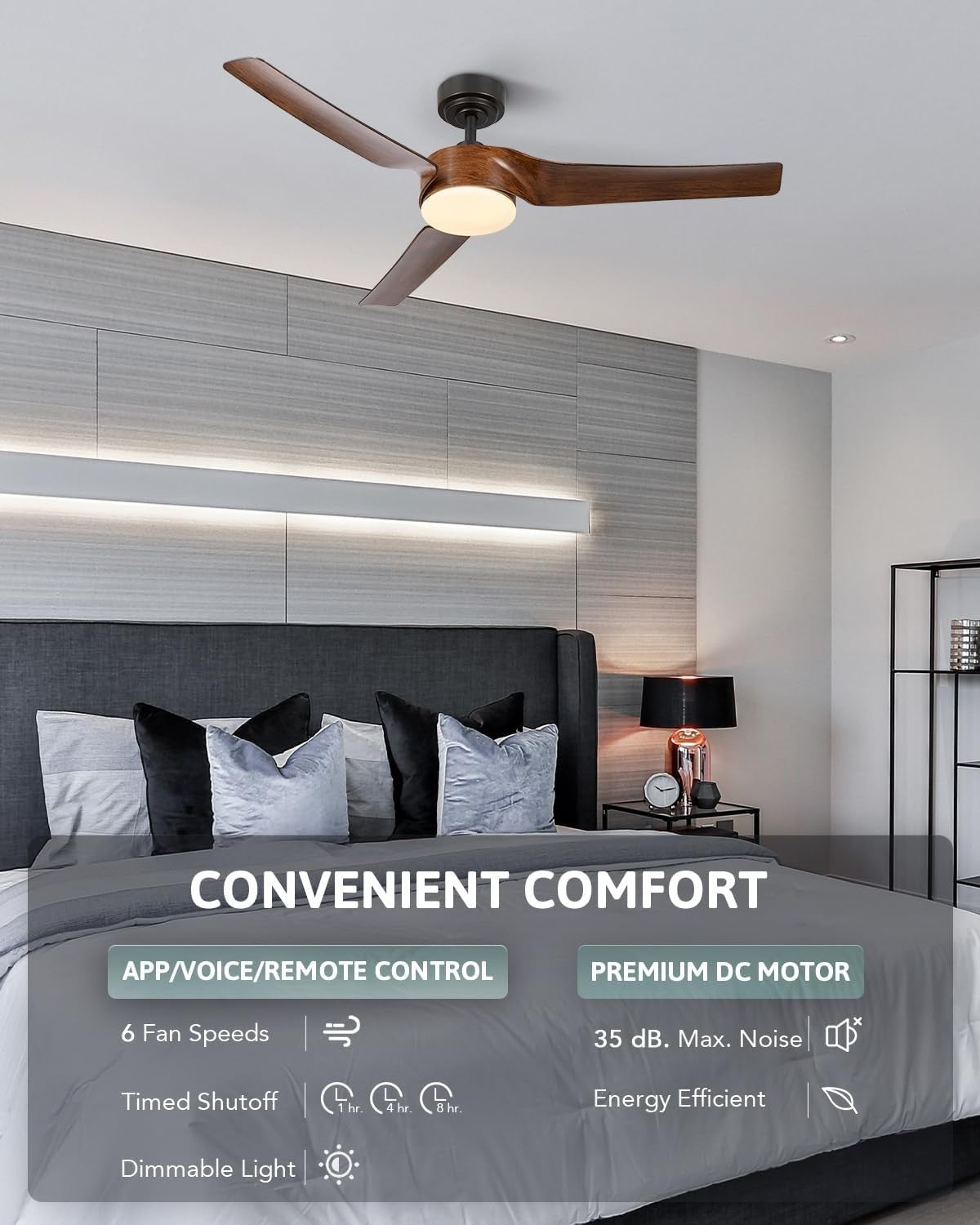 52" Smart Ceiling Fan with Light, 6-Speed, Remote, Black Walnut