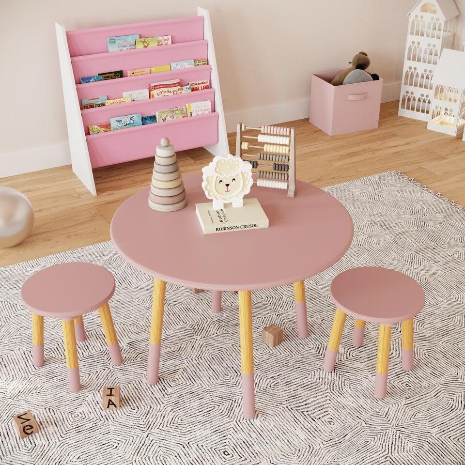 Kids Wooden Round Pink Table & 4 Chair Set, Sturdy Toddler Activity Furniture