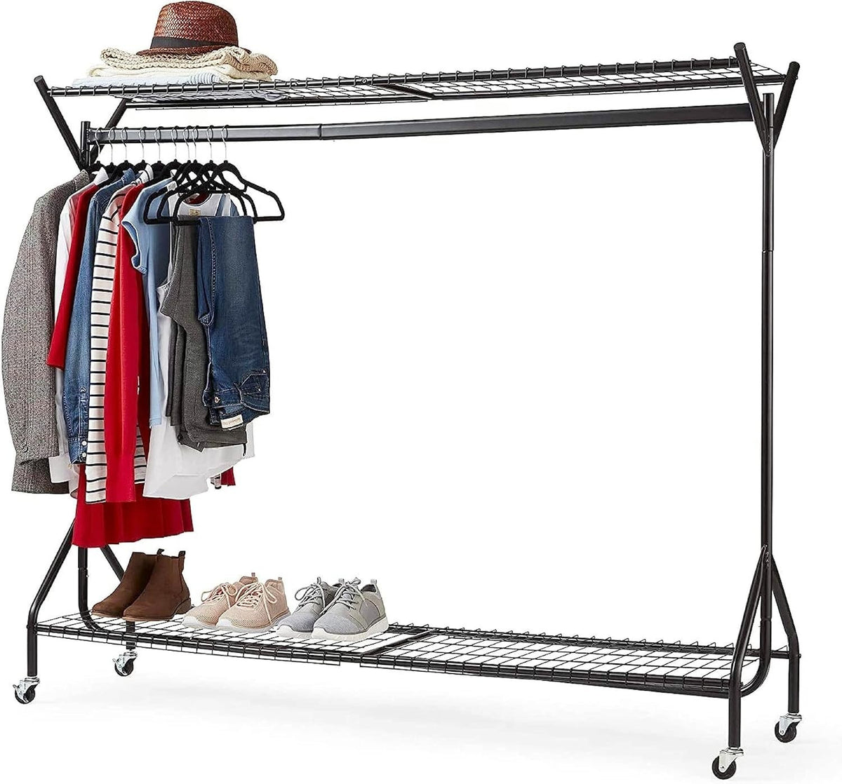 Heavy Duty 6ft Clothes Rail with Wheels & Shelves Black