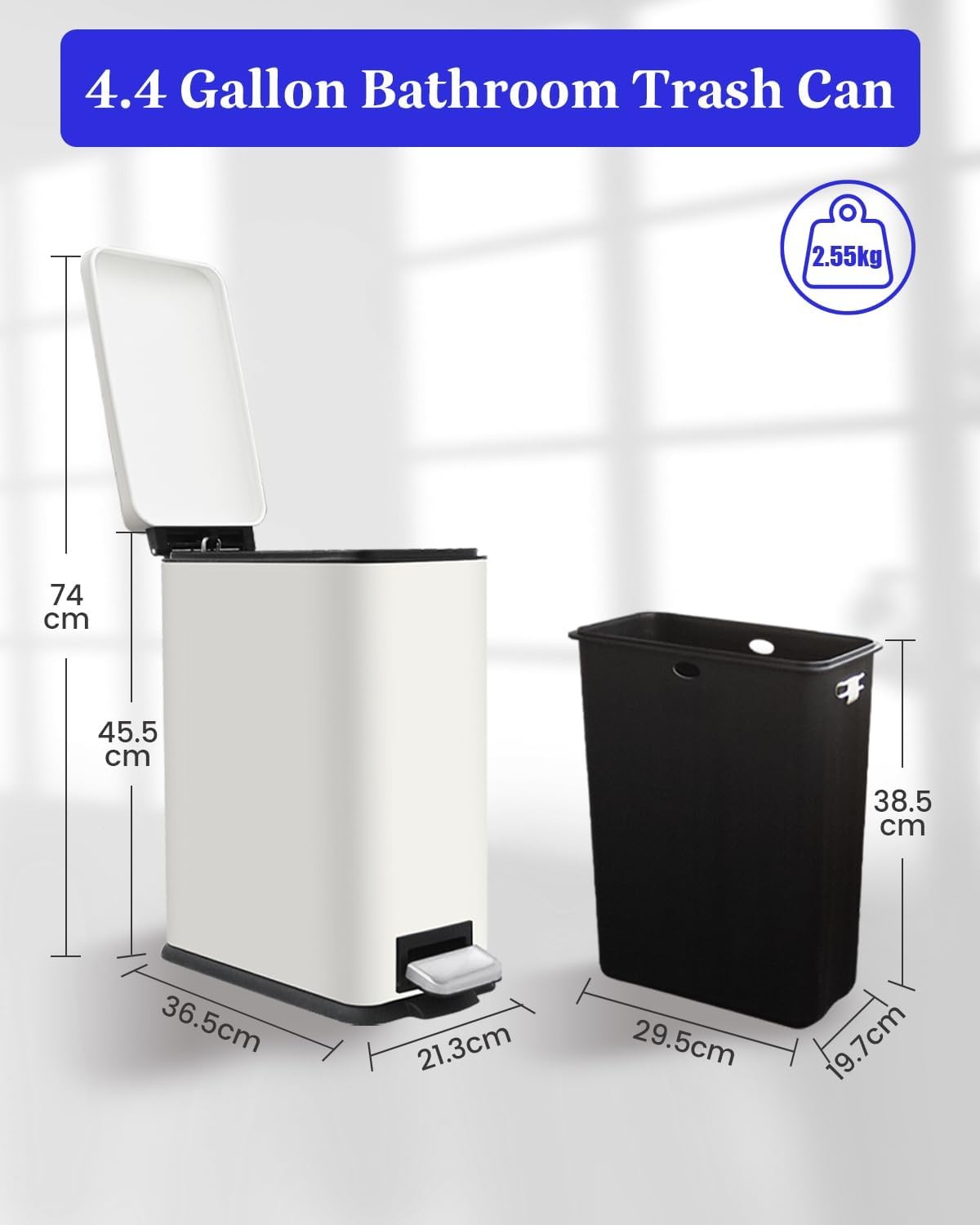 17L White Stainless Steel Pedal Bin Slim Bathroom Soft Close Lid