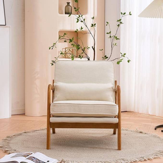 Beige Linen Armchair with Oak Arms & Lumbar Pillow Tub Chair