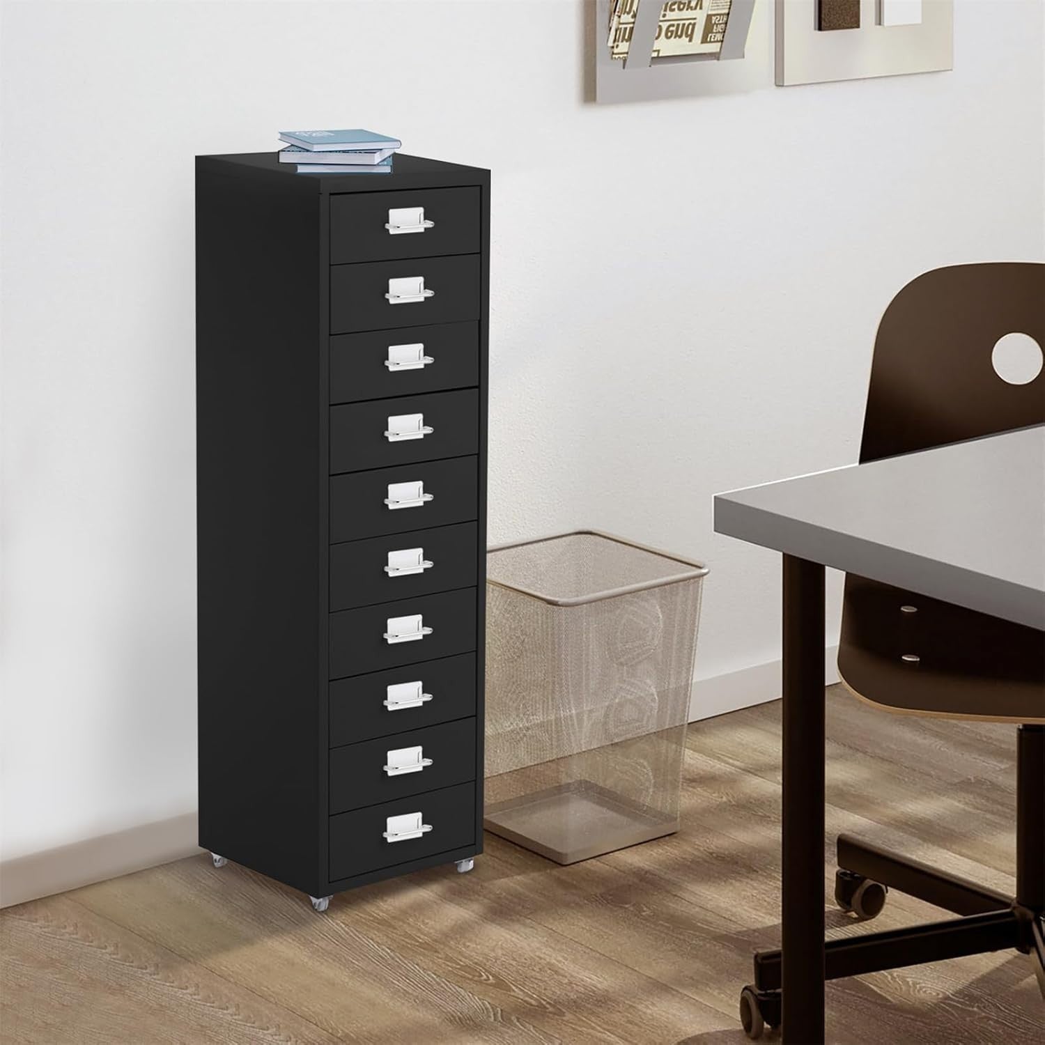 Black Mobile Filing Cabinet 8 Drawer 109cm Rolling Office Storage