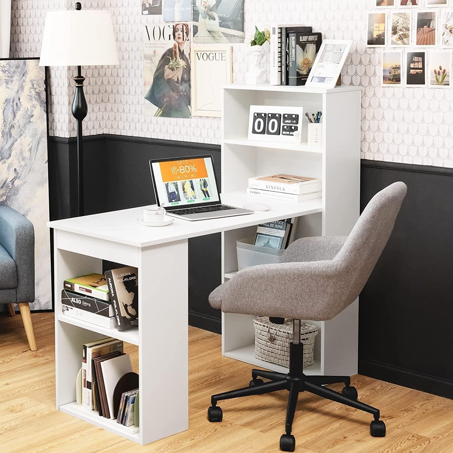 122x52x120cm White Office Desk with Bookshelf & Storage Shelves