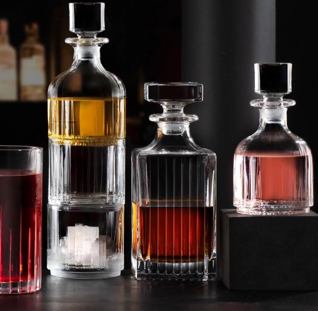 Crystal Whisky Decanter Set 3pc Stackable Glasses & 585ml Decanter Gift Box