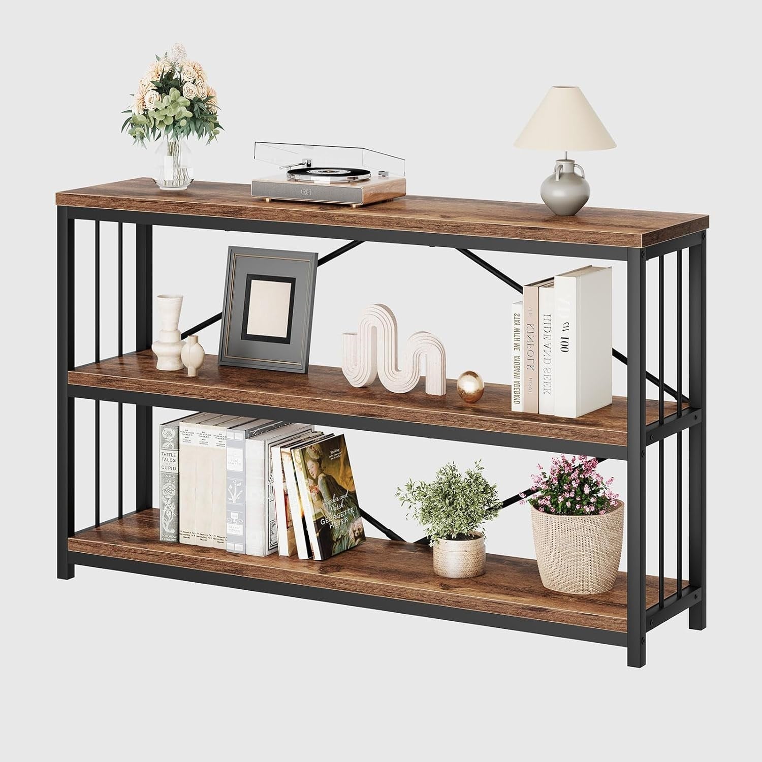 Rustic Industrial Console Table 3-Tier Storage Wood Metal 120x34x74cm