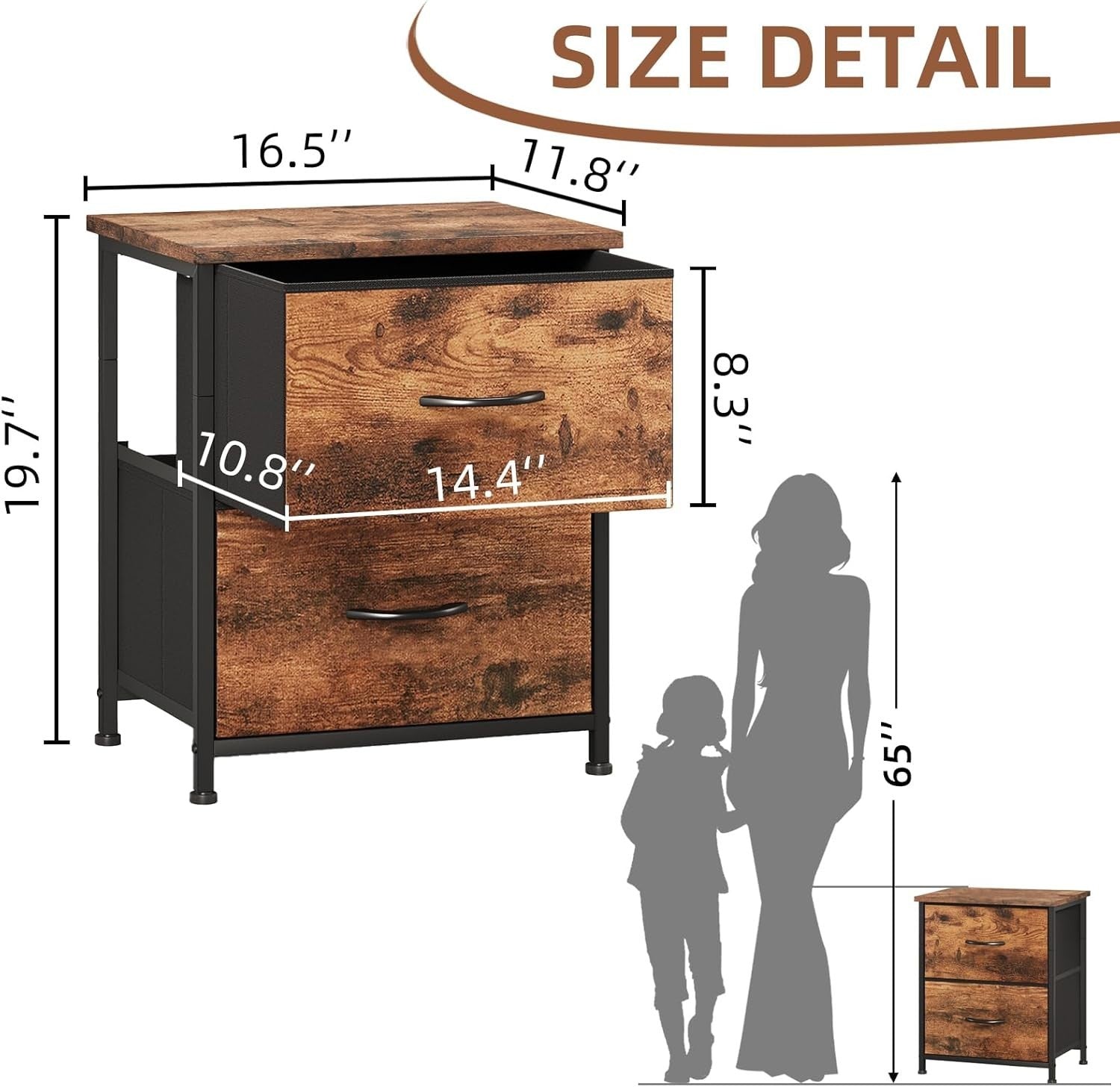 Rustic Wood Bedside Tables Set of 2 with Fabric Drawers, Industrial Nightstands