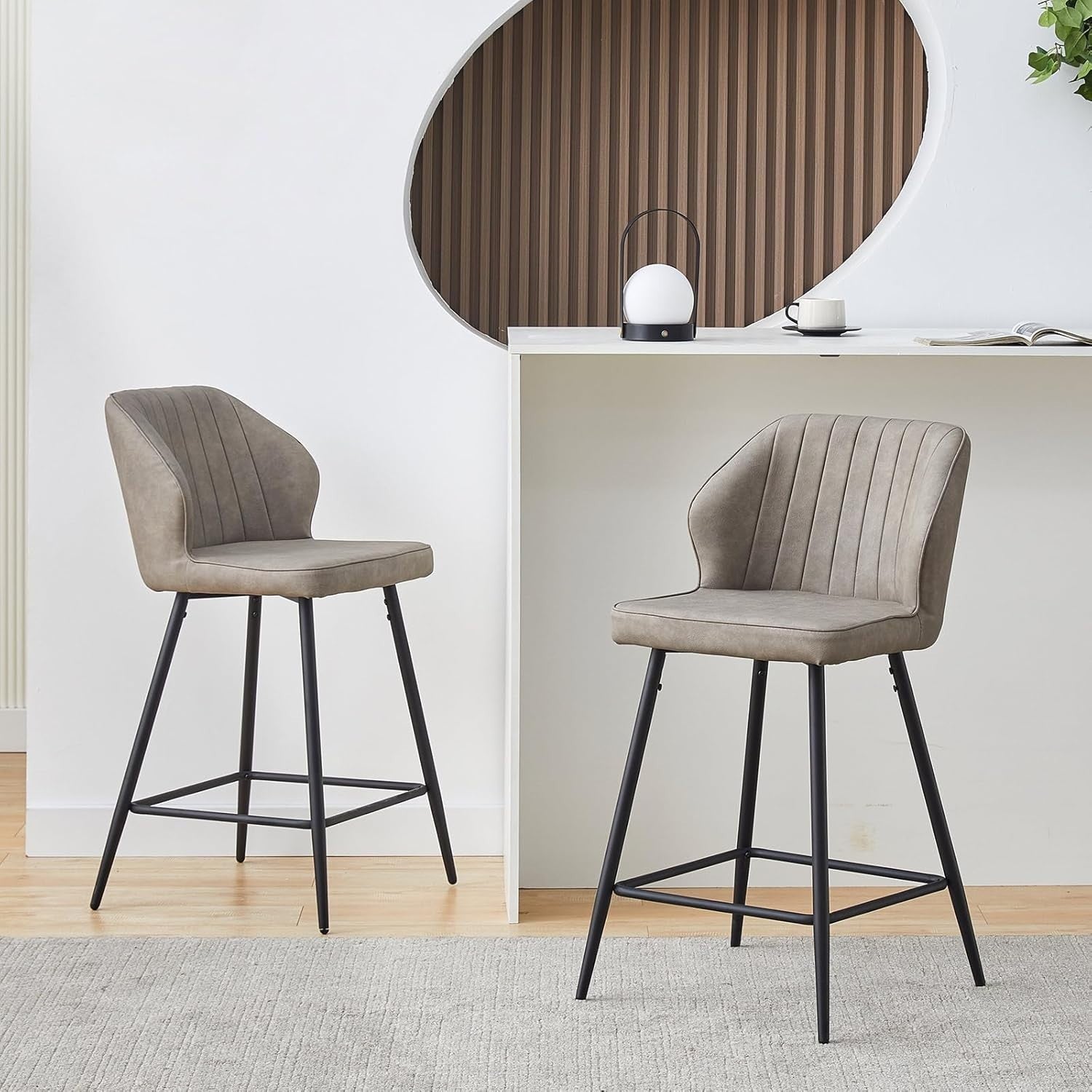 Light Grey Bar Stool Set of 2 | Faux Leather Counter Stools with Back & Arms