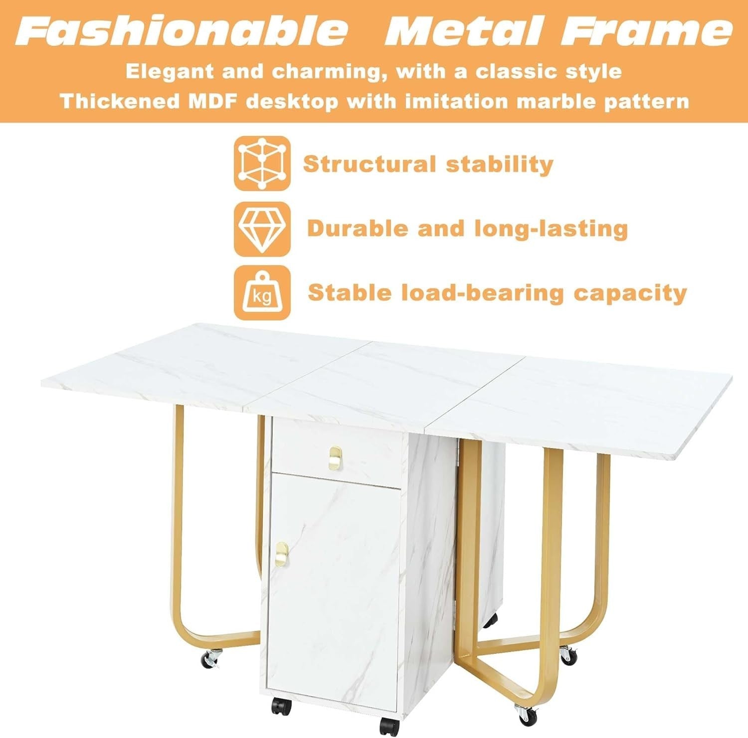 Folding Drop Leaf Dining Table with Cupboard & Drawers Space Saving 150cm White