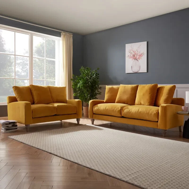 3 Seater Mustard Velvet Sofa Scatter Back Cushions Deep Comfy Seat