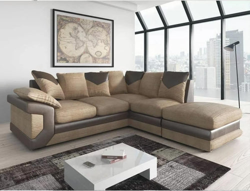 Right Hand Brown & Beige L-Shaped 4‑5 Seater Corner Sofa + Free Footstool