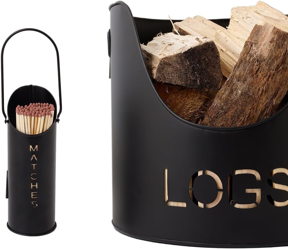 Wood Buckets & Matchstick Holder Fireside Set – Durable Metal, Modern Style