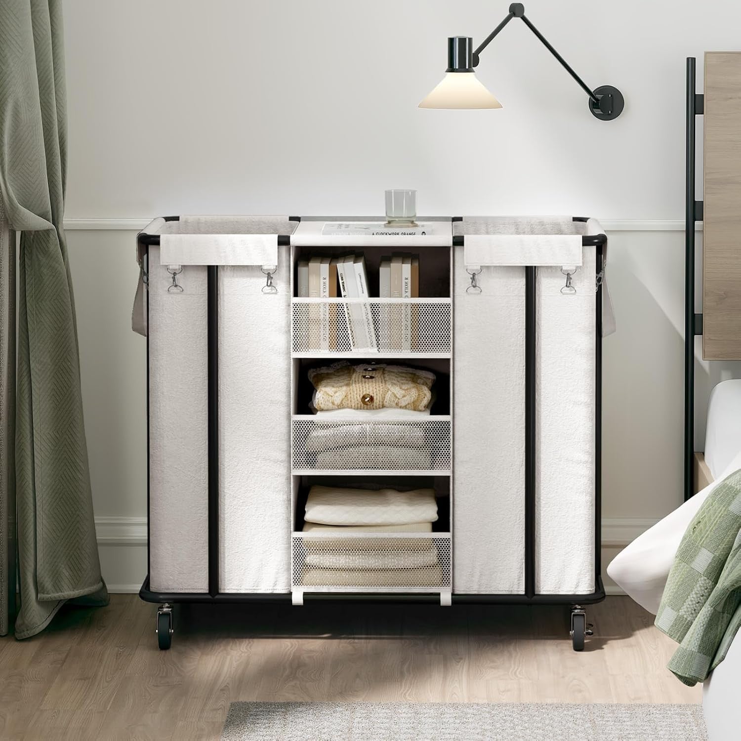 200L Rolling Laundry Sorter 2 Section Cart with Shelves & Hanging Bags Beige