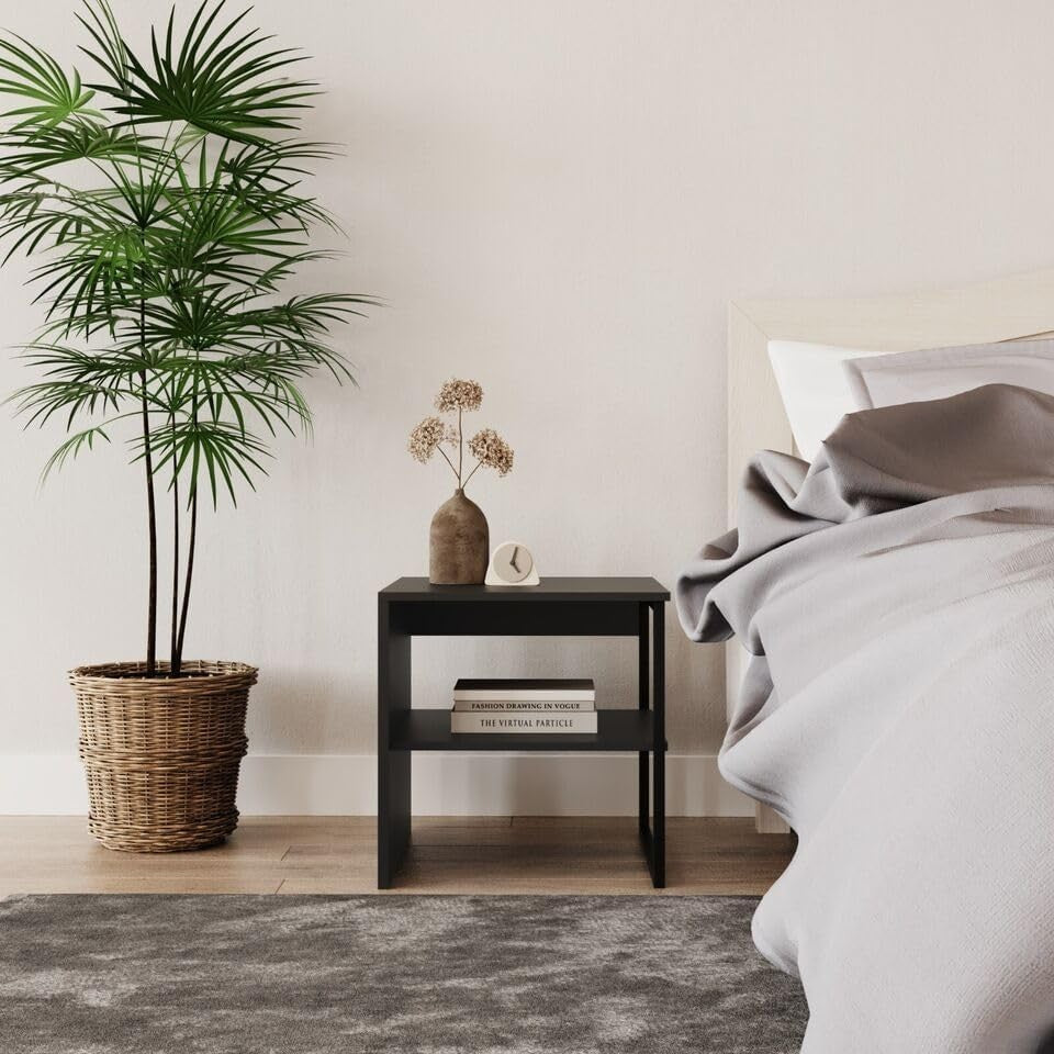 40cm Black Wood & Steel Side Table – Sofa or Bedside Use with Open Shelf