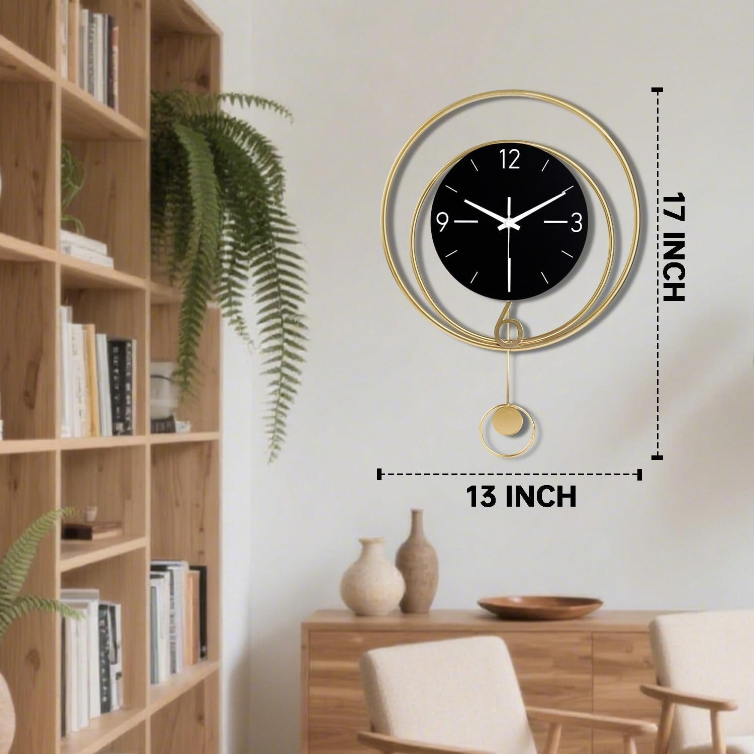 Black Modern Wall Clock 33x43cm Silent Quartz Pendulum Stylish Home Decor