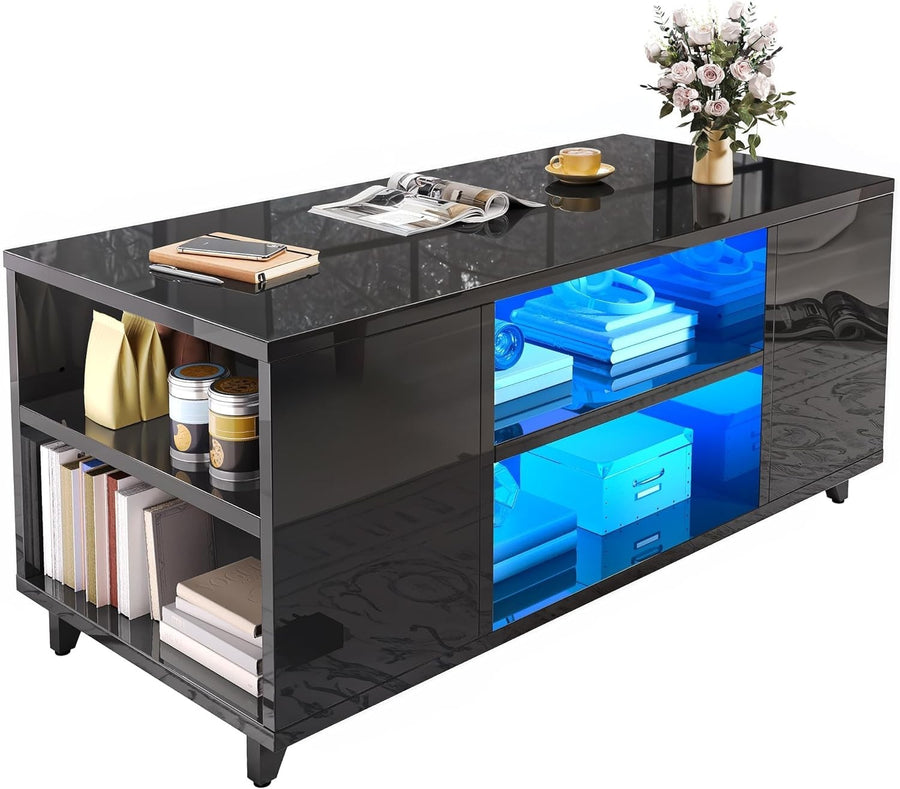 Black High Gloss LED Coffee Table with Adjustable Storage, 97.5x48cm