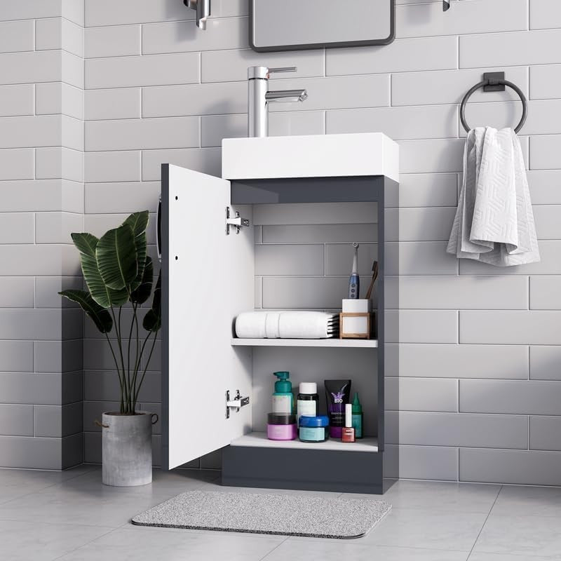 Slim 400mm Bathroom Vanity Unit with Basin Grey Floor Standing Sink Cabinet
