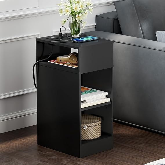 Black Slim Bedside Table with Charging Ports & 3 Shelves, Modern Narrow