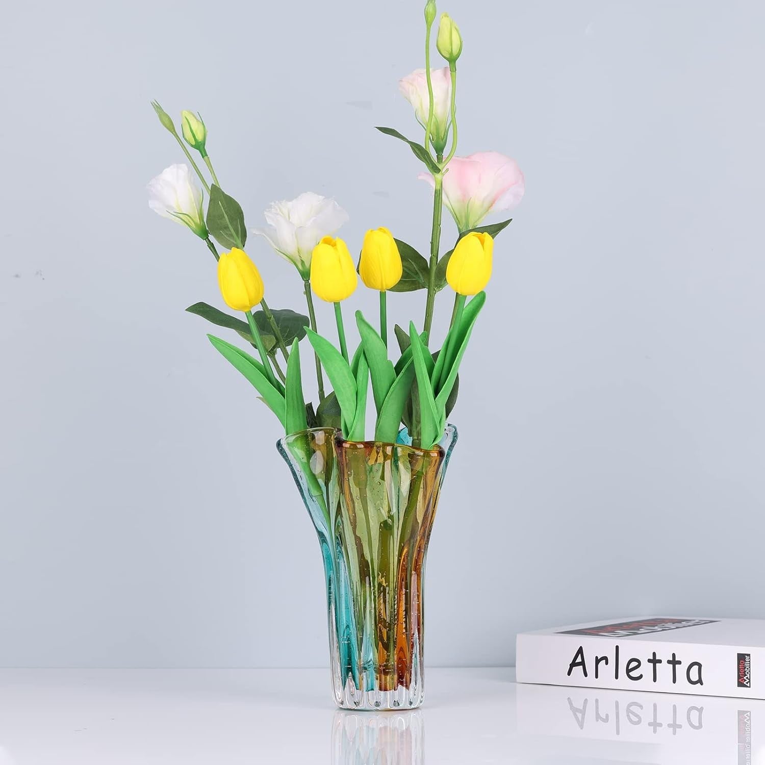 Hand Blown Wide Mouth Glass Vase Modern Art Petal Shape Table Decor